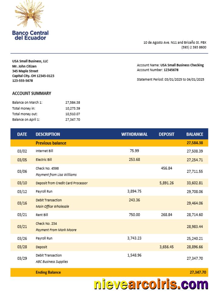 Central Bank of Ecuador business bank statement